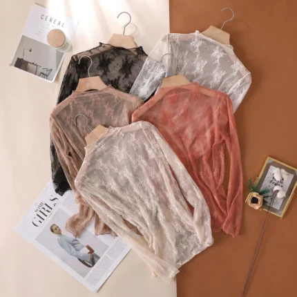 Elegant Floral Mesh Top – Women's Sheer Long Sleeve Mesh Undershirt - Product code: IMP1-T