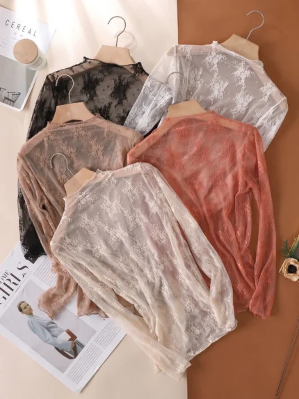 Elegant Floral Mesh Top – Women's Sheer Long Sleeve Mesh Undershirt - Product code: IMP1-T