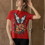 Butterfly and Floral Graphic Women's T-Shirt - Casual Chic Outfit - WTEE-1520