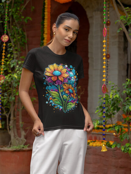 Modern Women's Tee Featuring Artistic Floral Pattern - WTEE-1525
