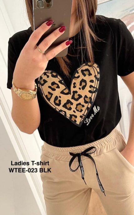 Leopard printed Heart Crewneck Female T-shirt | WTEE-023