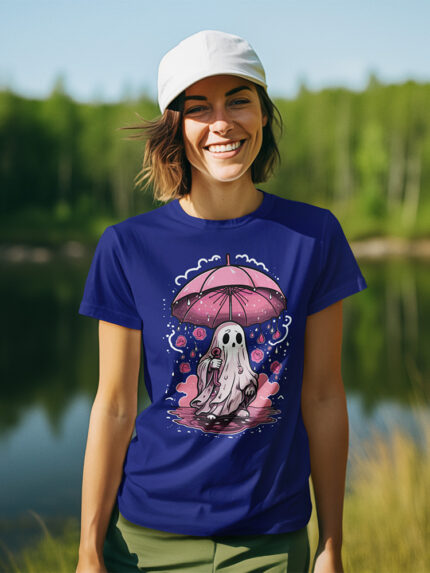Spooky Sweet: Ghost with Pink Umbrella Ladies T-Shirt - WTEE-1527