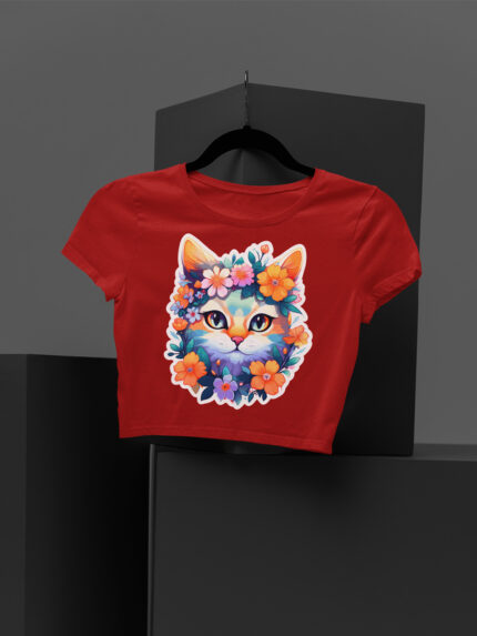 Floral Cat Designed Ladies Crop Top - Crop-1563