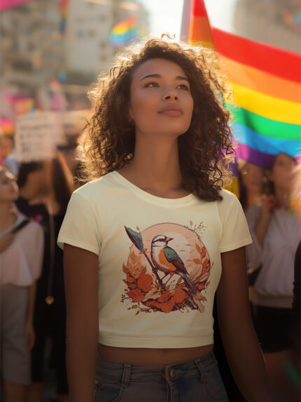 Bird & Autumn Leaves Art Crop Top – Nature-Inspired Design with Bold Details - Crop-1568