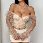 Floral Embroidered Corset Top with Sheer Mesh Sleeves, Structured Bust Support & Adjustable Back Tie - IMP-20CT - Image 18