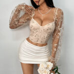 Floral Embroidered Corset Top with Sheer Mesh Sleeves, Structured Bust Support & Adjustable Back Tie - IMP-20CT - Image 16
