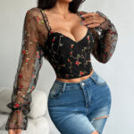 Floral Embroidered Corset Top with Sheer Mesh Sleeves, Structured Bust Support & Adjustable Back Tie - IMP-20CT - Image 2