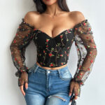 Floral Embroidered Corset Top with Sheer Mesh Sleeves, Structured Bust Support & Adjustable Back Tie - IMP-20CT - Image 10