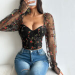 Floral Embroidered Corset Top with Sheer Mesh Sleeves, Structured Bust Support & Adjustable Back Tie - IMP-20CT - Image 14