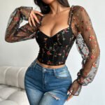 Floral Embroidered Corset Top with Sheer Mesh Sleeves, Structured Bust Support & Adjustable Back Tie - IMP-20CT - Image 13