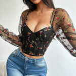 Floral Embroidered Corset Top with Sheer Mesh Sleeves, Structured Bust Support & Adjustable Back Tie - IMP-20CT - Image 12