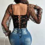 Floral Embroidered Corset Top with Sheer Mesh Sleeves, Structured Bust Support & Adjustable Back Tie - IMP-20CT - Image 11