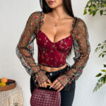 Floral Embroidered Corset Top with Sheer Mesh Sleeves, Structured Bust Support & Adjustable Back Tie - IMP-20CT - Image 21