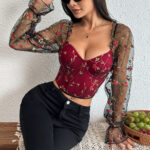 Floral Embroidered Corset Top with Sheer Mesh Sleeves, Structured Bust Support & Adjustable Back Tie - IMP-20CT - Image 20