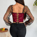 Floral Embroidered Corset Top with Sheer Mesh Sleeves, Structured Bust Support & Adjustable Back Tie - IMP-20CT - Image 25