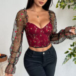 Floral Embroidered Corset Top with Sheer Mesh Sleeves, Structured Bust Support & Adjustable Back Tie - IMP-20CT
