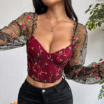Floral Embroidered Corset Top with Sheer Mesh Sleeves, Structured Bust Support & Adjustable Back Tie - IMP-20CT - Image 23