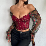 Floral Embroidered Corset Top with Sheer Mesh Sleeves, Structured Bust Support & Adjustable Back Tie - IMP-20CT - Image 22