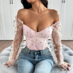 Floral Embroidered Corset Top with Sheer Mesh Sleeves, Structured Bust Support & Adjustable Back Tie - IMP-20CT - Image 7