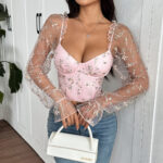 Floral Embroidered Corset Top with Sheer Mesh Sleeves, Structured Bust Support & Adjustable Back Tie - IMP-20CT - Image 6
