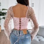Floral Embroidered Corset Top with Sheer Mesh Sleeves, Structured Bust Support & Adjustable Back Tie - IMP-20CT - Image 5