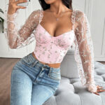 Floral Embroidered Corset Top with Sheer Mesh Sleeves, Structured Bust Support & Adjustable Back Tie - IMP-20CT - Image 9