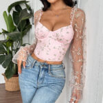 Floral Embroidered Corset Top with Sheer Mesh Sleeves, Structured Bust Support & Adjustable Back Tie - IMP-20CT - Image 8