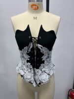 Structured Lace-Up Bodice Top with White Floral Appliqué | IMP-23-CT - Image 7