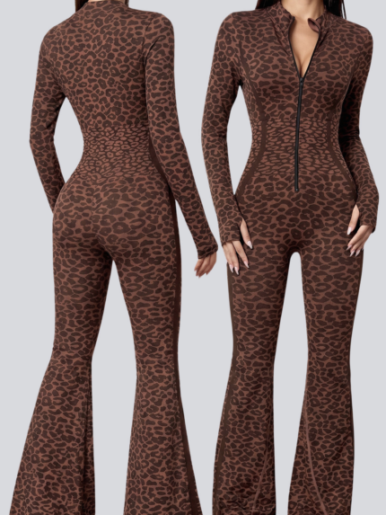Women's Leopard Print Flared Zip-Up Jumpsuit - 108 JMP ACT