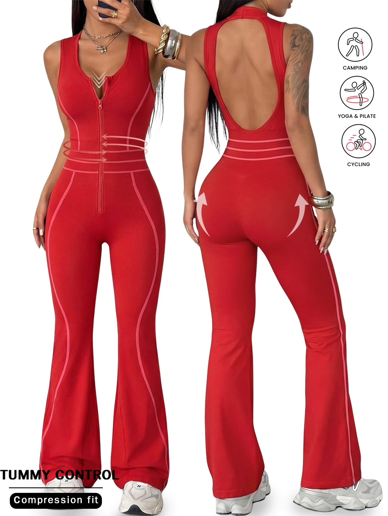 109 b Ladies Zip-Up Backless Jumpsuit with Removable Pads - 109 JMP ACT - Image 1
